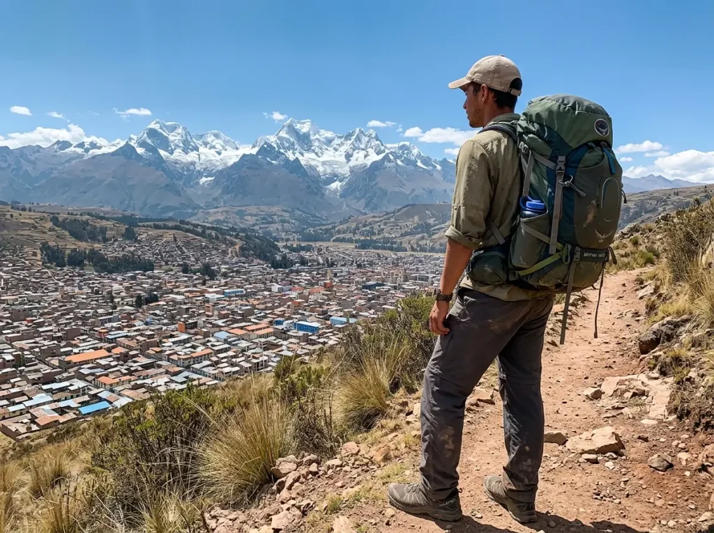 Climber above Huaraz looking out at the Cordillera Blanca, the basecamp town for mountaineering in Peru