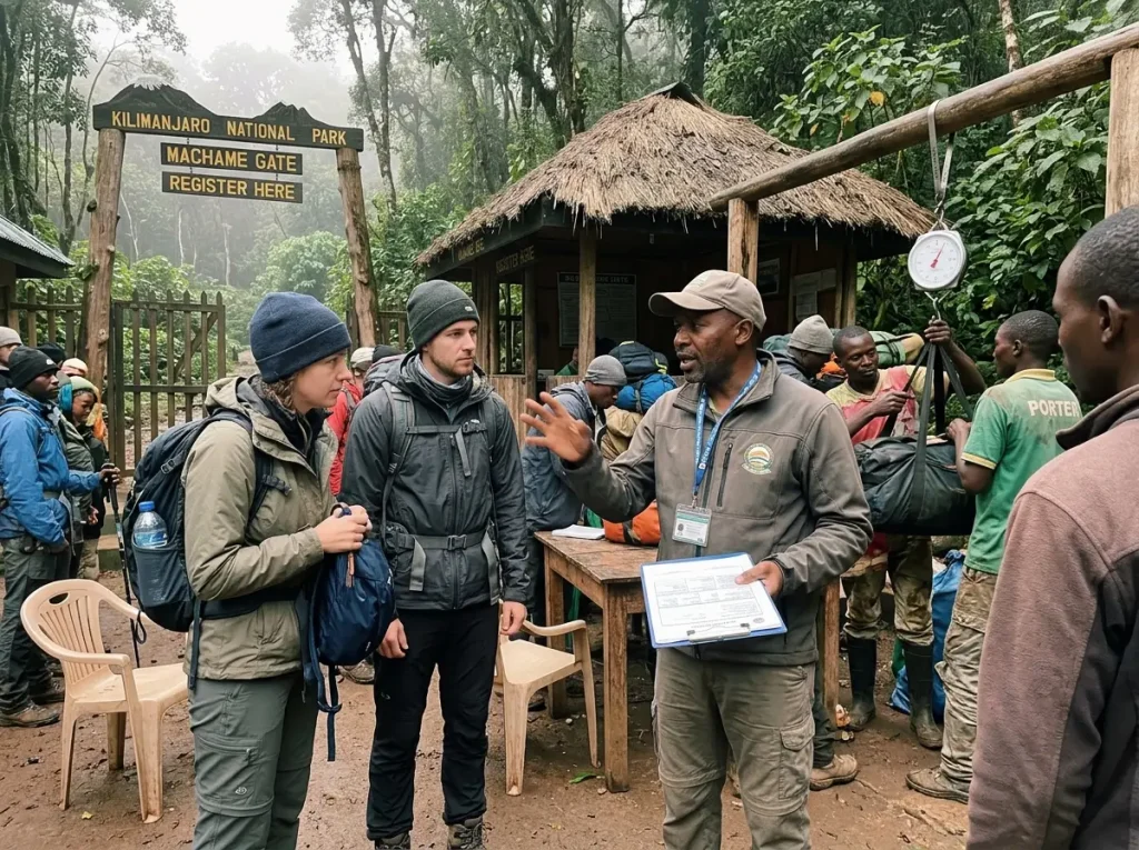 Licensed guide and porter team gathered at a Kilimanjaro National Park gate