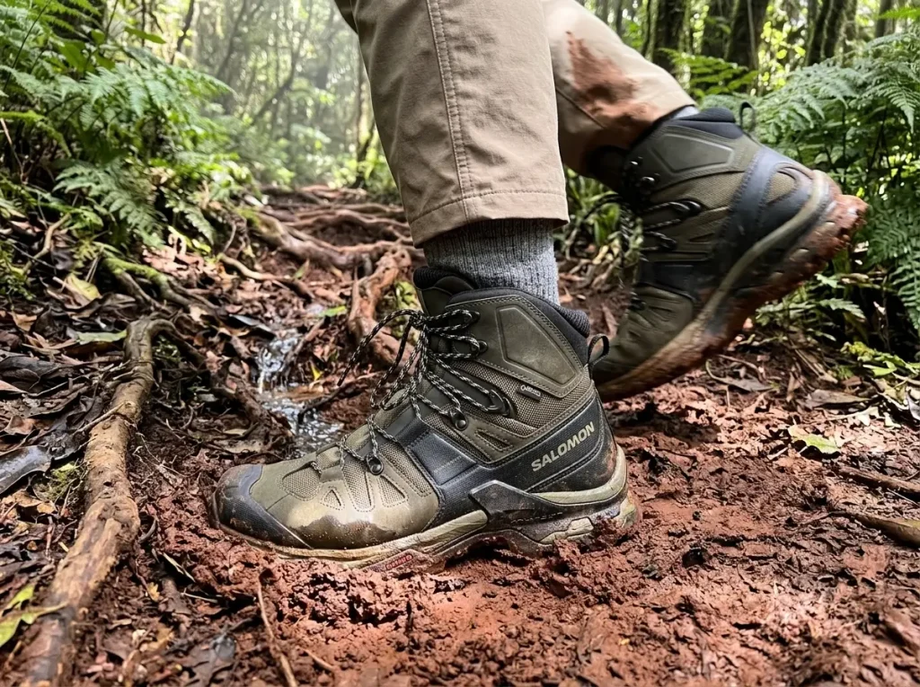 Salomon Quest 4 GTX boots on a muddy Machame route section while climbing Kilimanjaro