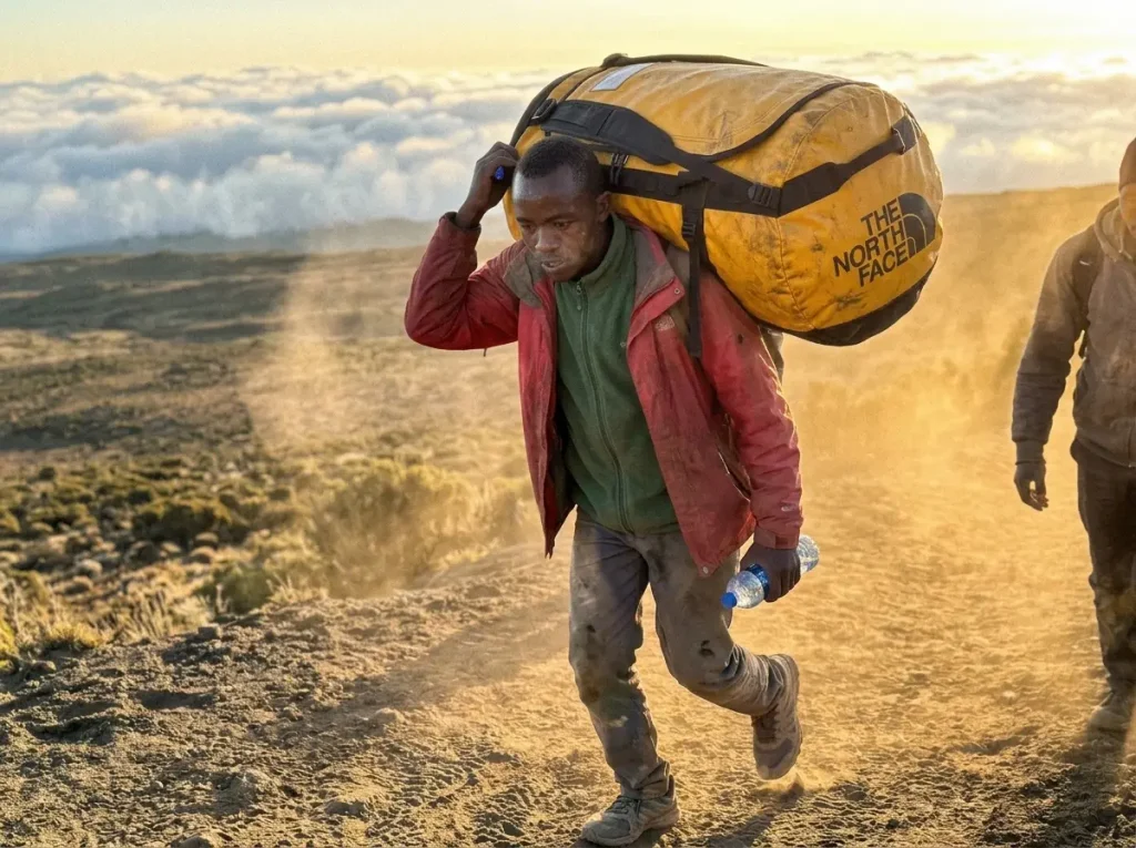 Porters carrying duffels up Kilimanjaro, the real labor behind climbing costs
