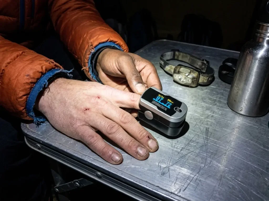 Guide checking a climber's blood oxygen with a pulse oximeter during a Kilimanjaro climb