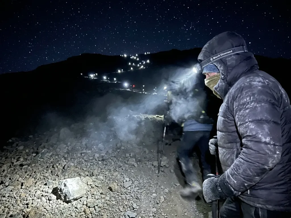 Headlamps of climbers strung up the switchbacks on Kilimanjaro summit night