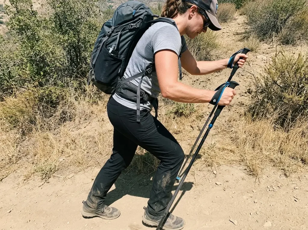 Loaded-pack training hike with trekking poles to prepare for climbing Kilimanjaro