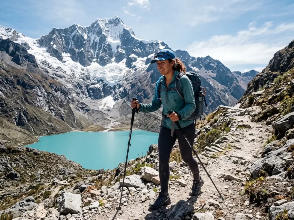 Hiker on the Laguna 69 acclimatization trail with trekking poles below Cordillera Blanca peaks