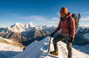 5 Peru Mountaineering Mistakes That End Trips Mountaineer on a snowy Cordillera Blanca ridge at dawn, the core scene of mountaineering in Peru