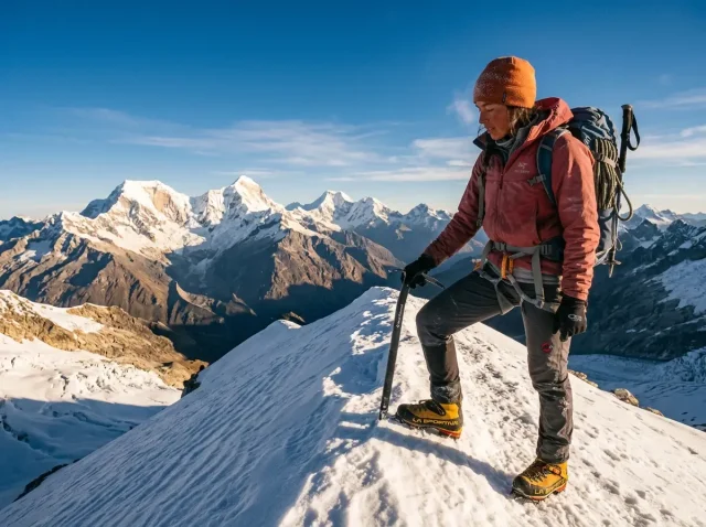 mountaineering-in-peru-cordillera-blanca-ridge Mountaineer on a snowy Cordillera Blanca ridge at dawn, the core scene of mountaineering in Peru