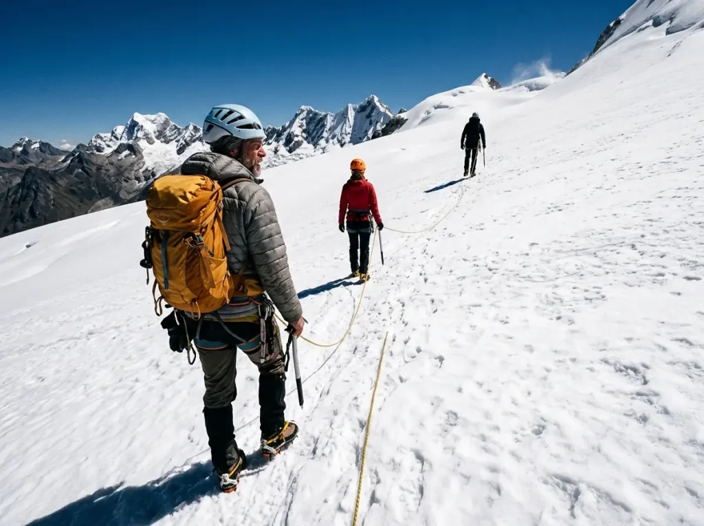 Roped team crossing a Cordillera Blanca glacier on a graded Peru peak
