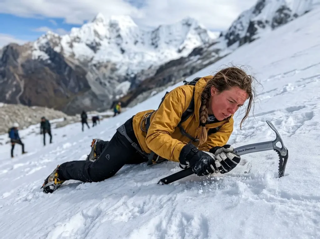 Climber practicing ice-axe self-arrest on a snow slope before a beginner Peru peak