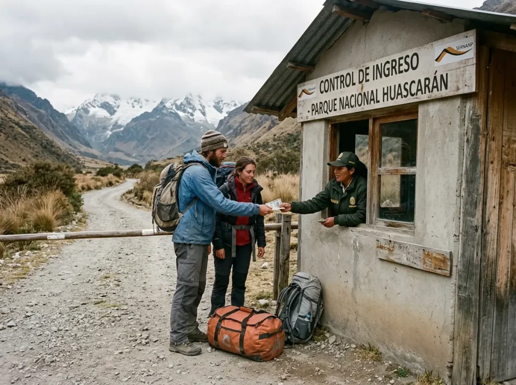 Climbers checking in at a Huascarán National Park SERNANP control point in Peru