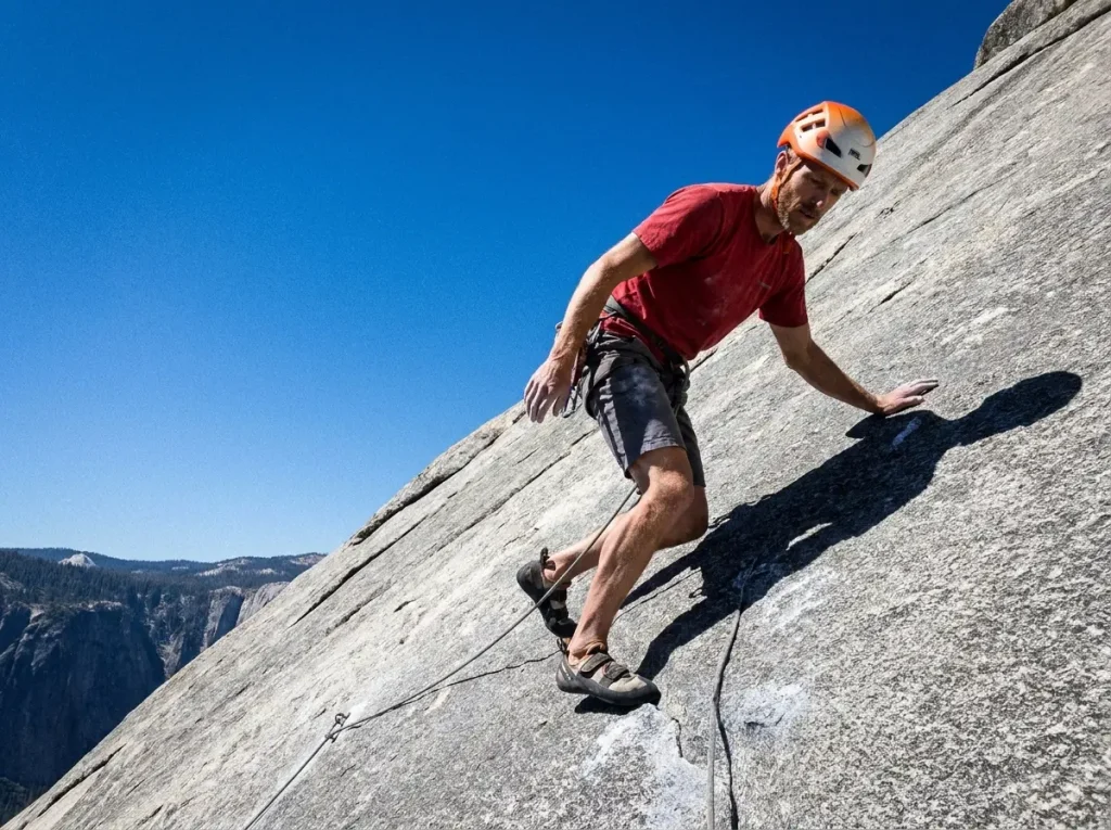 Climber in a foam helmet leading the runout friction slab of Snake Dike on Half Dome