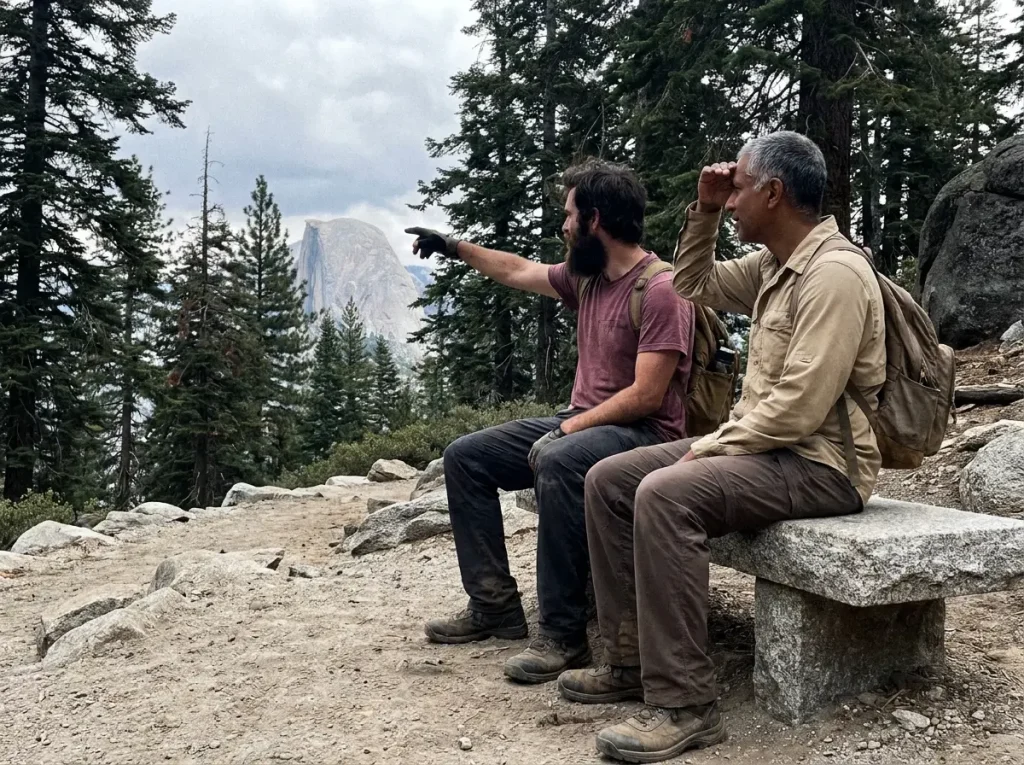 Two hikers studying the route up Half Dome's dome face from the trail in Yosemite