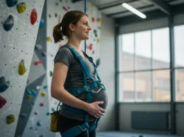 Pregnant woman in a full-body climbing harness at an indoor gym, demonstrating safe climbing during pregnancy.
