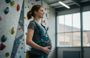Climbing for Two: The Pregnancy Harness Guide Pregnant woman in a full-body climbing harness at an indoor gym, demonstrating safe climbing during pregnancy.