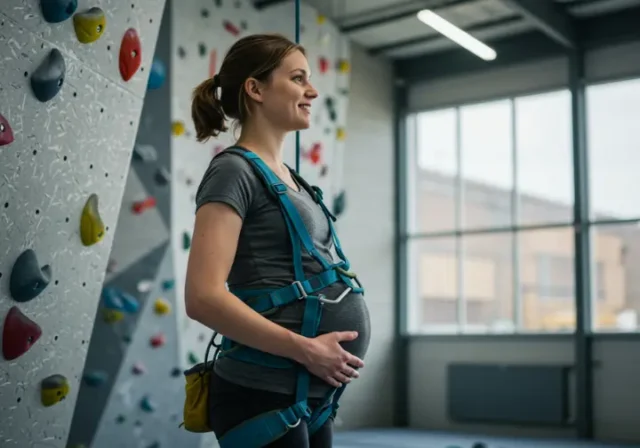 Pregnant woman in a full-body climbing harness at an indoor gym, demonstrating safe climbing during pregnancy.
