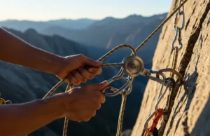Climbing Pulley Systems: Master Mechanical Advantage Hands of a male climber meticulously setting up a rock climbing pulley system on a rock face, demonstrating mechanical advantage.