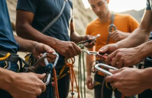 Decoding the Carabiner: An Essential Climber’s Guide Close-up of climbers' hands inspecting various carabiners on a harness, representing essential climber's guide to carabiners for climbing.