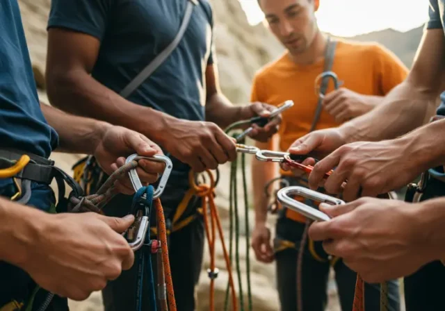 Close-up of climbers' hands inspecting various carabiners on a harness, representing essential climber's guide to carabiners for climbing.