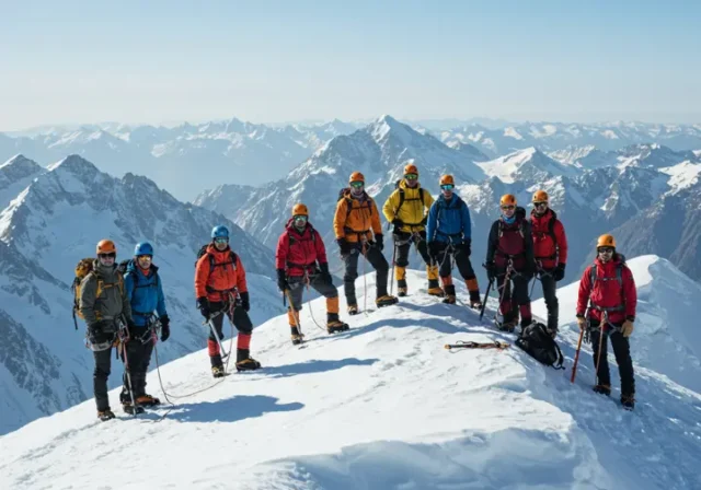 Diverse climbers on a snowy mountain ridge, equipped with ice axes, symbolizing a comprehensive guide to ice climbing tools and techniques.