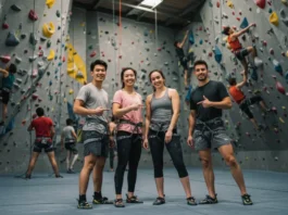 A diverse group of new indoor rock climbers in comfortable athletic wear, smiling and confident, standing in a brightly lit climbing gym, emphasizing that no specialized gear is needed to start indoor rock climbing.