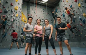 No Gear? No Problem. What to Wear Indoor Climbing A diverse group of new indoor rock climbers in comfortable athletic wear, smiling and confident, standing in a brightly lit climbing gym, emphasizing that no specialized gear is needed to start indoor rock climbing.