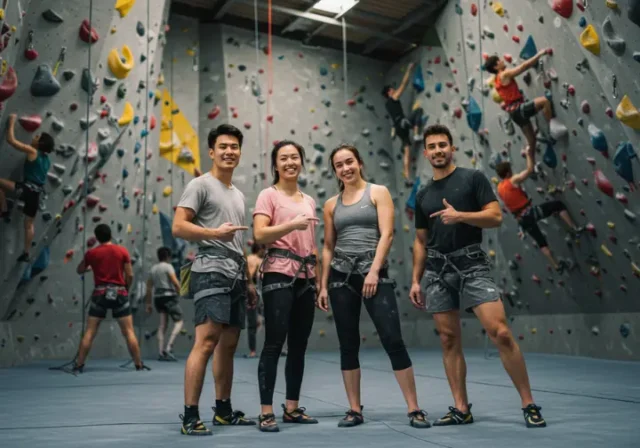 A diverse group of new indoor rock climbers in comfortable athletic wear, smiling and confident, standing in a brightly lit climbing gym, emphasizing that no specialized gear is needed to start indoor rock climbing.