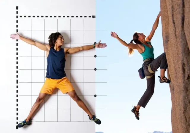 Composite image illustrating the ape index in climbing, showing measurement of reach and a climber in action, exploring myth vs. reality for ape index rock climbing.