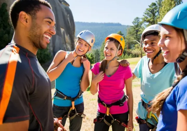 Diverse group of teens gearing up for a rock climbing sleepaway camp adventure with an instructor at a sunny cliff.