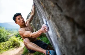 Boulder Problem: Decode Short No-Rope Climbs Climber tackling a short, no-rope outdoor boulder problem, showcasing the essence of bouldering and what a boulder problem entails.