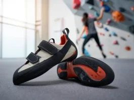 Expert guide to how a climbing shoe should fit for peak performance, showcasing a pair of high-quality climbing shoes in a well-lit setting.
