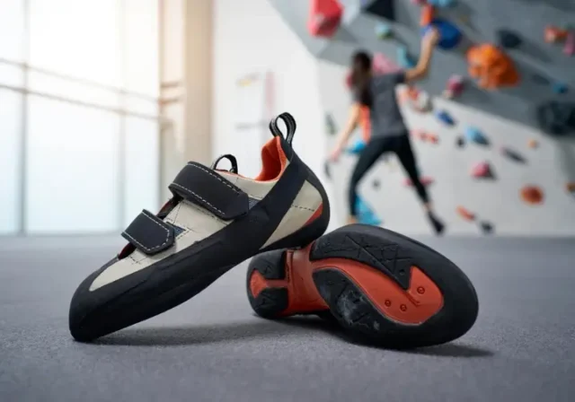 Expert guide to how a climbing shoe should fit for peak performance, showcasing a pair of high-quality climbing shoes in a well-lit setting.