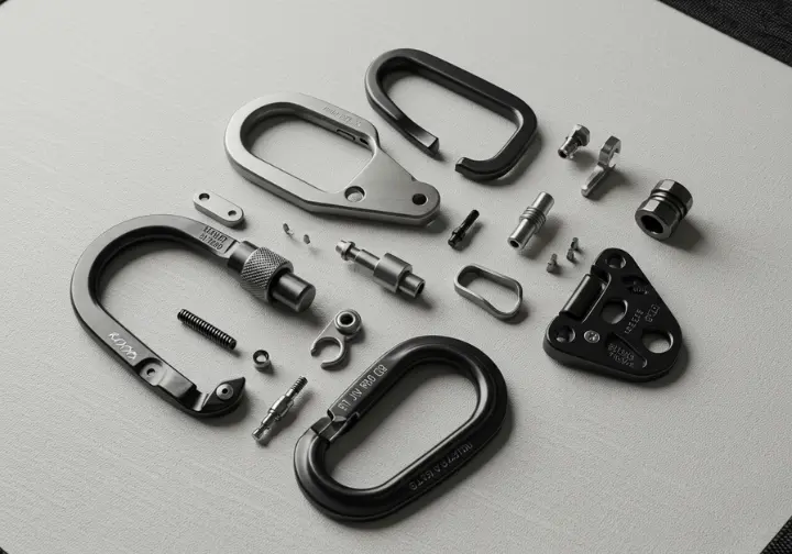 Disassembled climbing carabiner components laid out, illustrating an in-depth anatomical guide to carabiner parts for climbing.