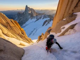 Mountaineer mastering the challenging Class 3 Mount Whitney Mountaineer's Route in a stunning alpine landscape.