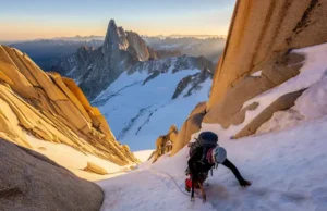 Mastering the Mount Whitney Mountaineers Route (Class 3) Mountaineer mastering the challenging Class 3 Mount Whitney Mountaineer's Route in a stunning alpine landscape.