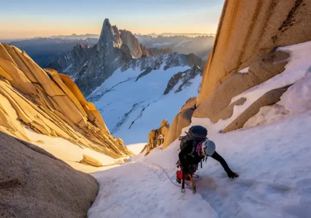 Mountaineer mastering the challenging Class 3 Mount Whitney Mountaineer's Route in a stunning alpine landscape.