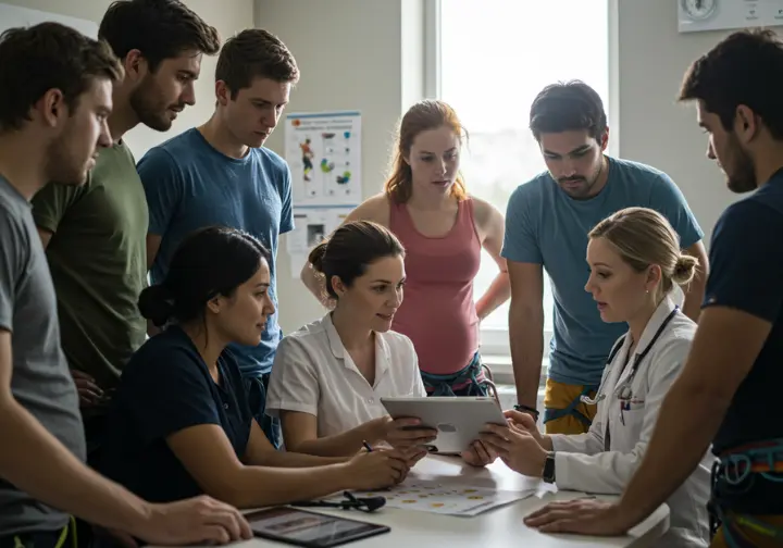 Climbers discussing medical guidelines with a doctor, highlighting safety for pregnancy climbing.