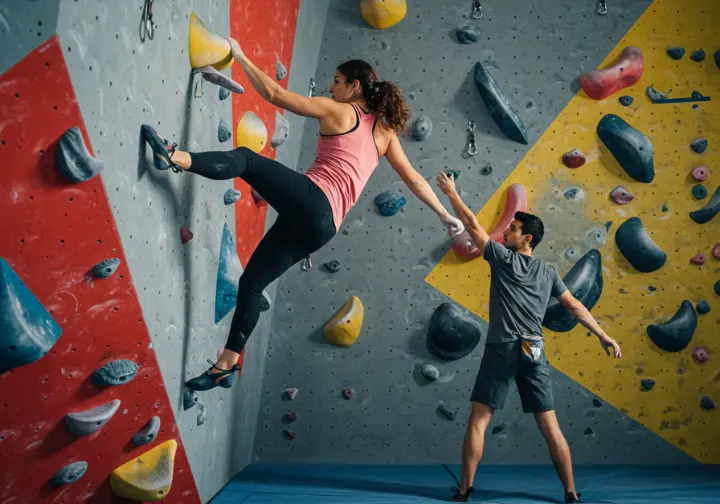 A male and female climber demonstrating full range of motion on an indoor climbing wall, highlighting how everyday athletic wear is perfect for starting indoor rock climbing due to its flexibility.