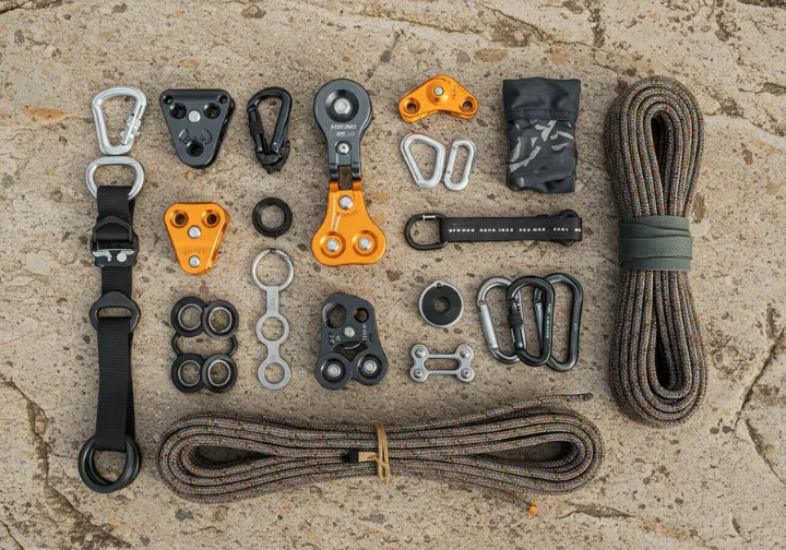 A collection of essential rock climbing pulley system gear, including pulleys, carabiners, and rope, laid out on rock.