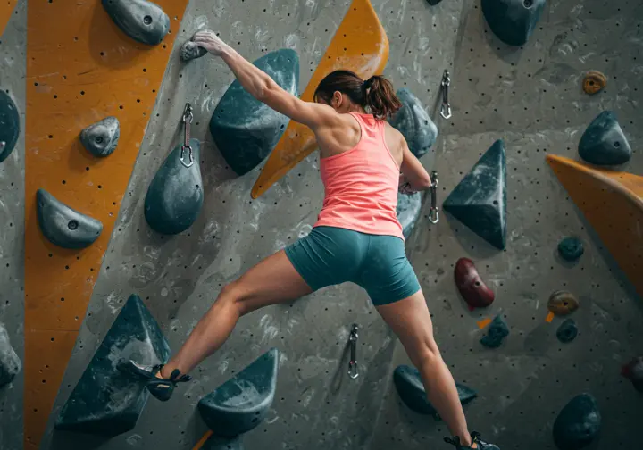Climber on an indoor wall, demonstrating the flexibility of their athletic tank top and shorts.