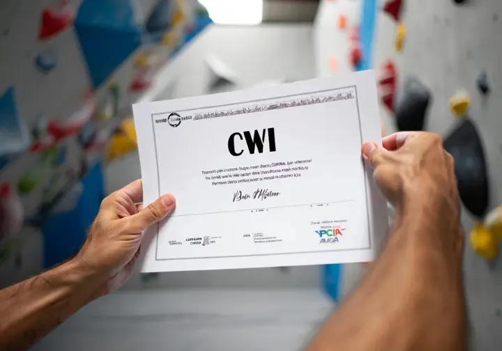 The foundation of understanding climbing wall instructor certification, with hands holding a CWI certificate.