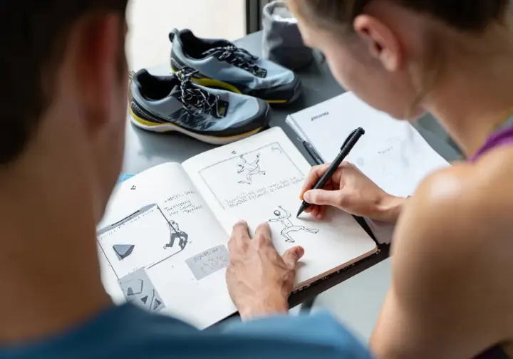 Diverse hands meticulously writing a systematic bouldering plan in a journal, with climbing shoes nearby, key to getting better at bouldering.