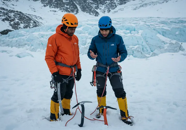 Two climbers examining different ice axes on a snowy slope, representing the decision-making process for choosing the right ice climbing tool.