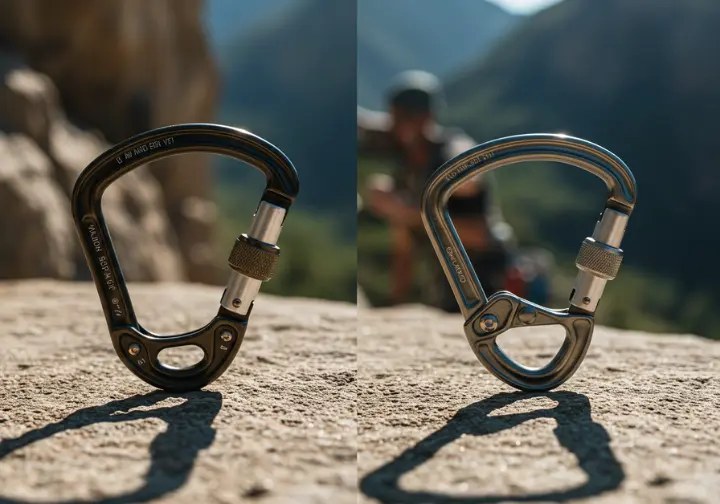 Side-by-side comparison of a locking and a non-locking climbing carabiner on rock, illustrating the fundamental choice for climbing safety.