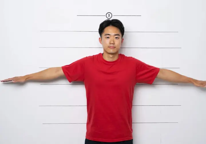 East Asian person demonstrating the measurement of ape index (arm span vs height) in the context of rock climbing.