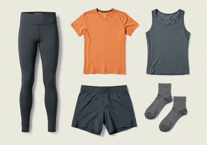 A flat lay display of typical athletic wear like leggings, shorts, t-shirts, and socks, representing a head-to-toe guide on what to wear for indoor rock climbing from a personal closet.