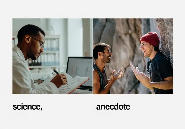 Split image depicting the ape index rock climbing debate: a Black male scientist with data versus two diverse climbers discussing reach anecdotally.