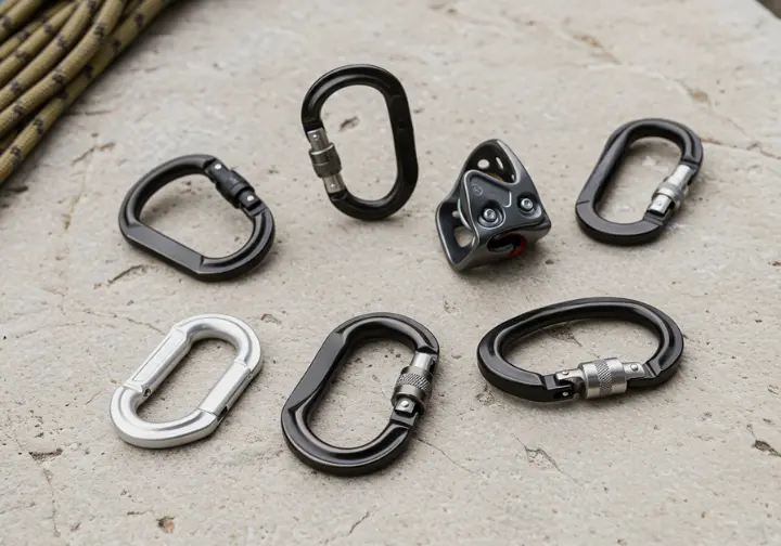 A collection of various climbing carabiner shapes, including D, Offset D, Pear, and Oval, showcasing form matching function for climbing.