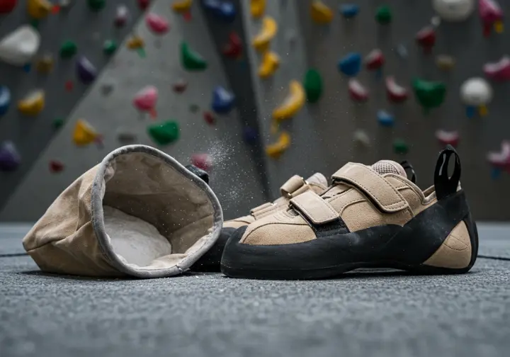 Rental climbing shoes and a chalk bag on the floor of an indoor climbing gym.
