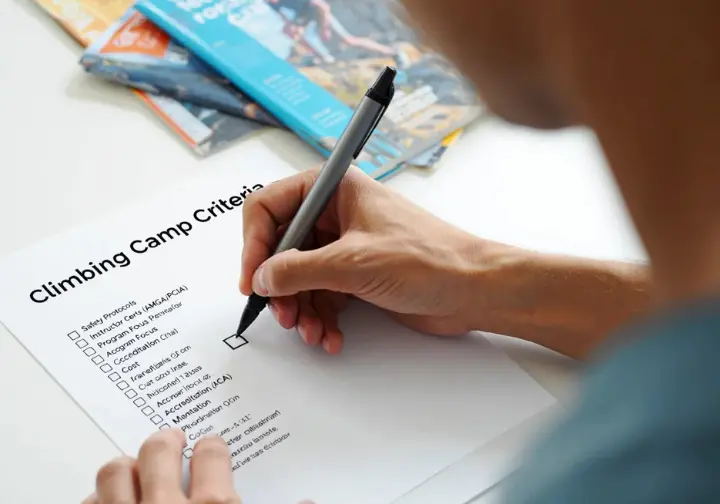 Evaluating key criteria for teen rock climbing sleepaway camps using a detailed checklist.