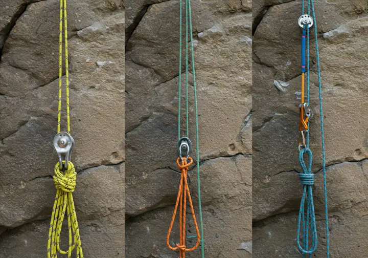 Three different rock climbing pulley system architectures – simple, compound, and complex – rigged on a rock wall.