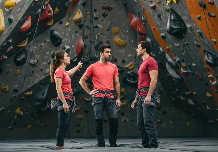 Two climbers discussing a climbing route at an indoor gym, demonstrating respectful interaction.